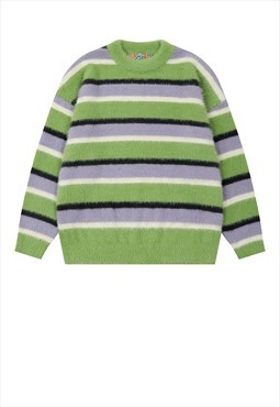 Horizontal stripe sweater furry knitwear zigzag jumper green