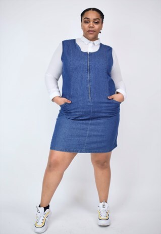 VINTAGE 90'S DENIM DRESS WITH FRONT ZIP & POCKETS