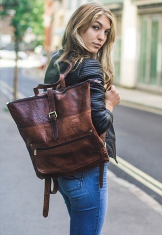 GRAINED BROWN LEATHER WORK / LAPTOP BACKPACK