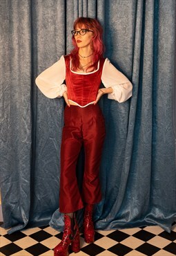 Red Satin Cropped Flared Trousers