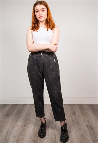 90'S DARK DENIM HIGH WAIST LOOSE LEG TROUSERS JEANS