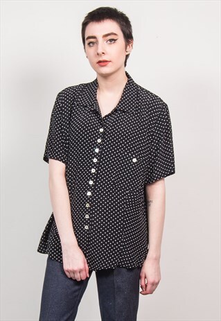 VINTAGE 90'S BLACK & WHITE POLKA DOT SHORT SLEEVE BLOUSE