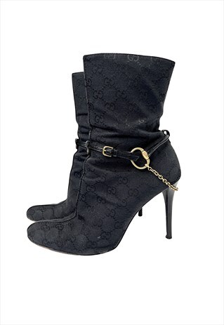 GUCCI BOOTS BLACK ANKLE GG LOGO MID CALF HEELED UK 5 VINTAGE