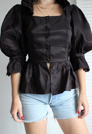 RARE PREMIUM VINTAGE 1950S BLACK SATIN PEPLUM RUFFLE BLOUSE