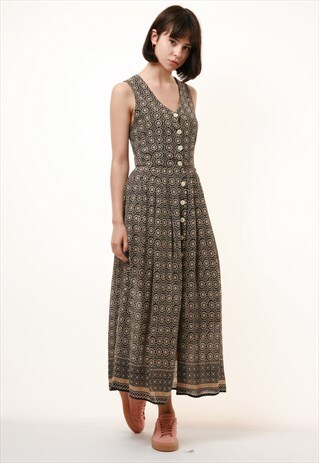 90S VINTAGE PRINT MAXI LENGTH VISCOSE SLEEVELESS DRESS 986