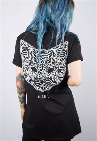 CAT MANDALA BLACK LONGLINE T-SHIRT