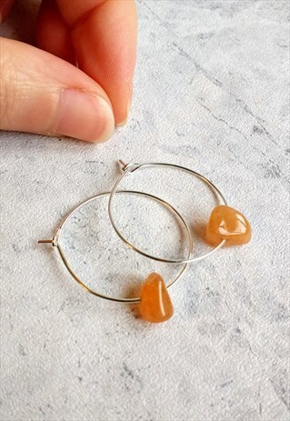 MINI ORANGE AVENTURINE GEM STONE HOOP EARRINGS