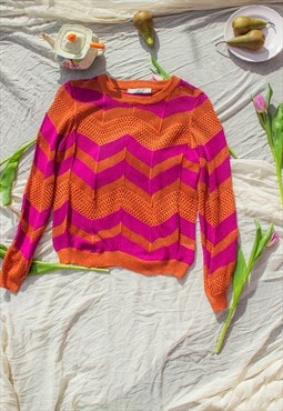 Orange Sparkly Crochet Knit Zig Zag Jumper