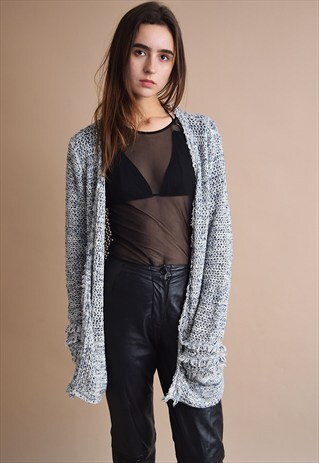 90'S RETRO BI-COLOR COZY FLUFFY OPEN FRONT KNIT JACKET CARDI