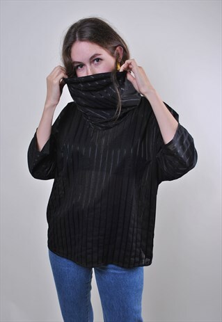 VINTAGE BLACK WOMAN STRIPED EVENING HIGH NECK BLOUSE