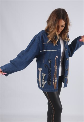 VINTAGE DENIM JACKET OVERSIZED CAT EMBROIDERED UK 14 (7BK)