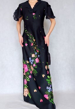 Vintage Black Bold Floral Maxi Dress with Lace, Medium Size