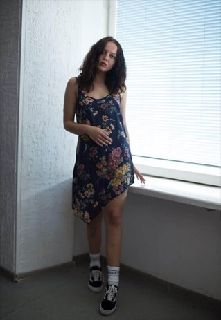 VINTAGE 90'S NAVY FLORAL SLIP ASYMMETRIC DRESS