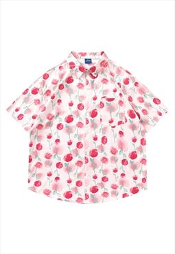 Roses shirt short sleeve floral blouse preppy top red pink