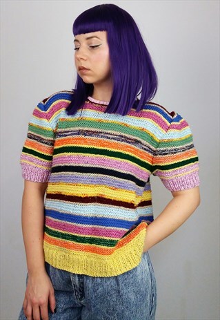 VINTAGE HANDMADE STRIPED RAINBOW KNIT SHORT SLEEVES TOP