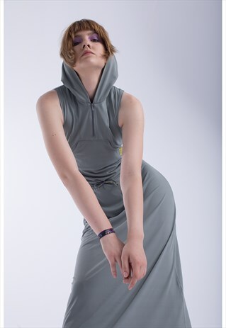 CEMENT GREY LONG HOODED DRESS