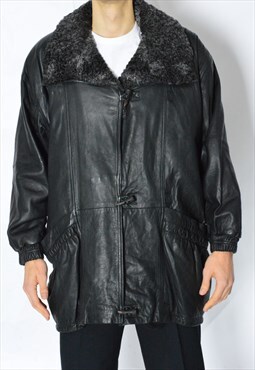 Vintage 80s Unisex Black Grunge Leather Duffle Coat