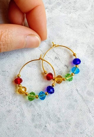 RAINBOW FACETED CRYSTAL BEAD GOLDEN HOOP EARRINGS