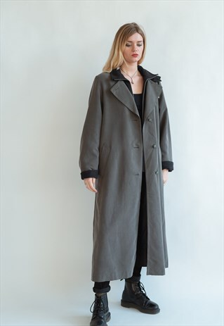 VINTAGE 80S GREY HOODED MAXI TRENCH COAT