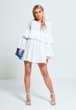 WHITE PLEATED RUFFLE MINI DRESS