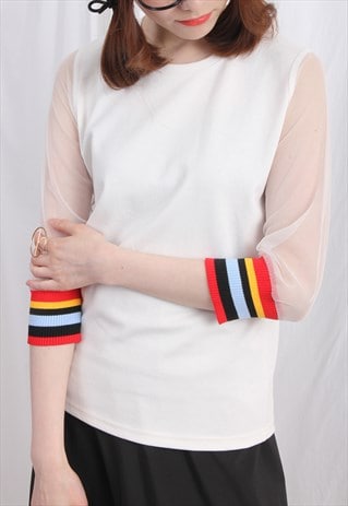 (KOREAN) MESH SLEEVE WITH COLOUR STRIPE JERSEY TOP WHITE