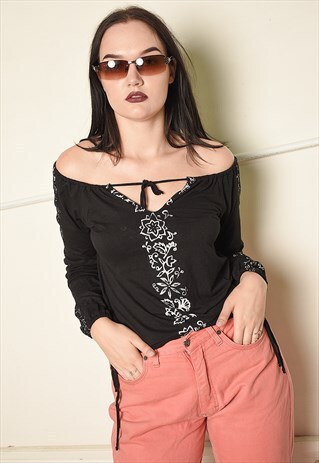 VINTAGE Y2K BOHO FOLK STRETCH TOP BLOUSE IN BLACK