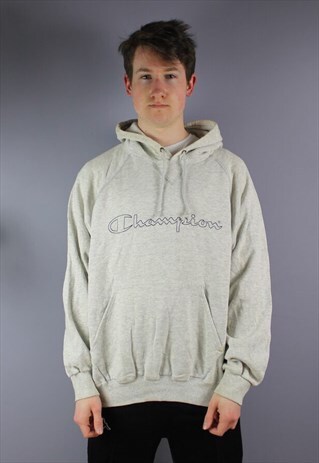 VINTAGE CHAMPION HOODIE IN GREY WITH PRINTED SPELL OUT LOGO