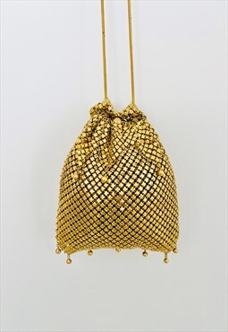 Vintage Ladies Bag Gold Chainmail Drawstring Beaded Mini