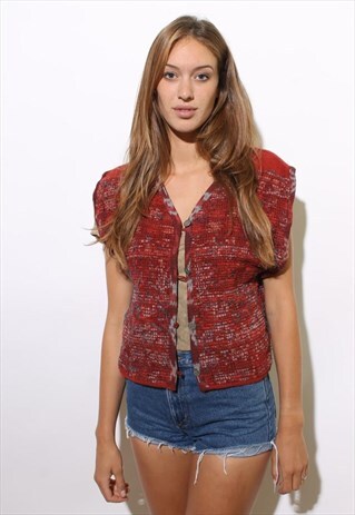 VINTAGE 1970'S 70'S SHAGGY FRINGE RED TEXTILE VEST GILET M-L