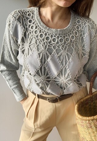 VINTAGE 90S LUXE FRONT CROCHET KNITTED LONG JUMPER SWEATER
