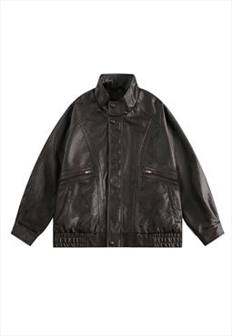 Faux leather racing jacket retro PU bomber sports coat brown