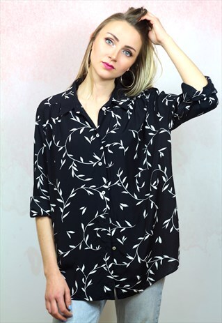 1990S VINTAGE BLACK WITH CREAM FLORAL PRINT BLOUSE