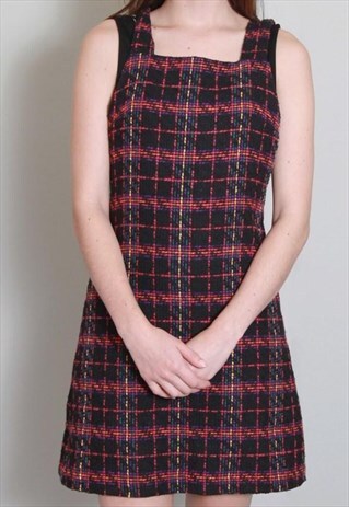 VINTAGE 1990'S BLACK AND PINK PLAID PINAFORE DRESS