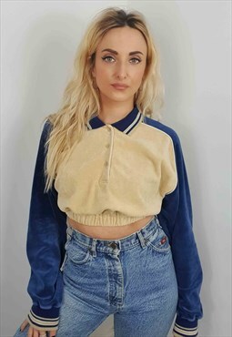 Vintage Cropped Velour Long Sleeve Polo T-Shirt Beige Blue