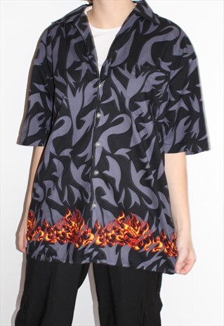 90S VINTAGE UNISEX FLAME TRIBAL BUTTON UP SHIRT