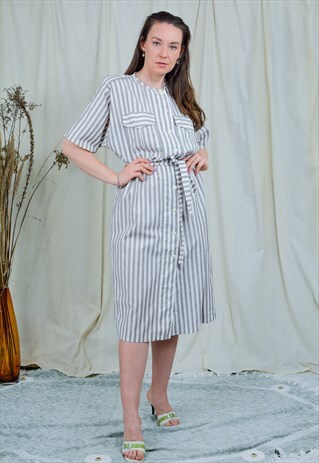 STRIPED DRESS MINIMALIST BEIGE WHITE VINTAGE LINEN TIED XXXL