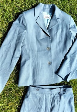 Vintage 80's Co Ord Wide Leg Pure Wool Blazer Blue Suit