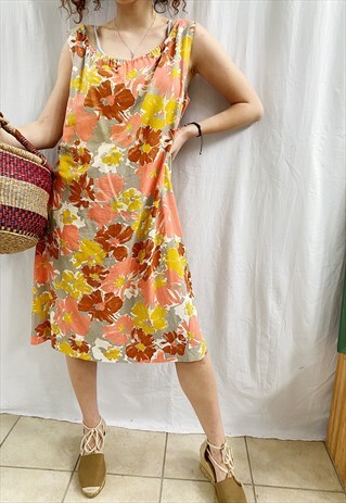 VINTAGE 70S MOD ABSTRACT PAINTED FLOWER PRINT MIDI DAY DRESS