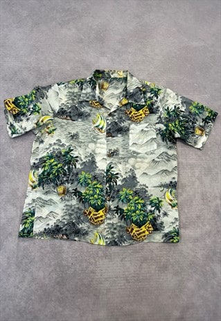 VINTAGE HAWAIIAN SHIRT MOUNTAIN AND TREES PATTERNED SHIRT