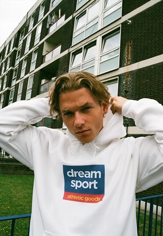 HOODIE IN WHITE WITH DREAM SPORT ATHLETIC GOODS PRINT