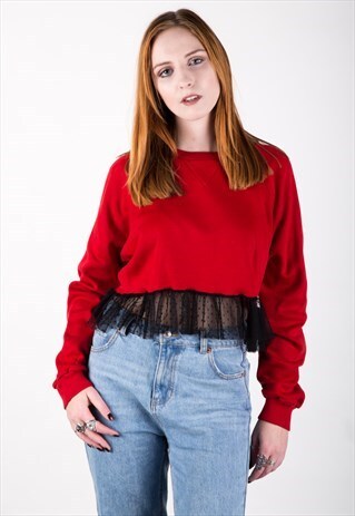 VINTAGE REWORKED CROPPED SWEATER WITH PEPLUM MESH