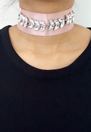 SATIN -PINK & RHINESTONE LEAF WRAP CHOKER -SILVER