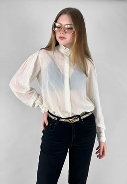 70's Vintage Pie Crust Collar Long Sleeve White Gold Blouse 
