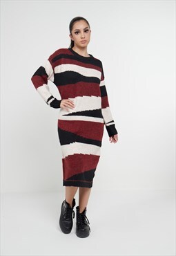 Abstract Striped Jumper Dress In Deep Red