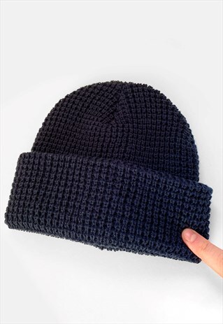 TURN UP WAFFLE KNIT BEANIE HAT - NAVY BLUE