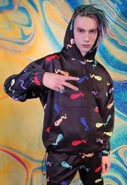 Cat cartoon hoodie handmade rainbow emoji pullover in black