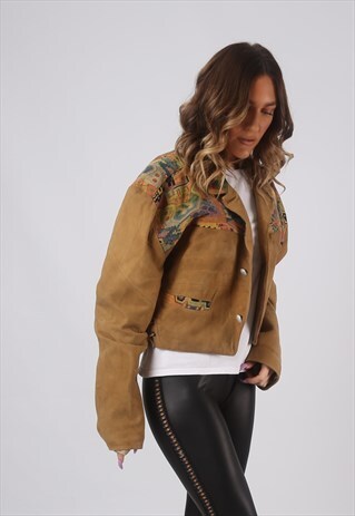 SUEDE LEATHER EMBROIDERED JACKET VINTAGE UK 14 (CWCZ)