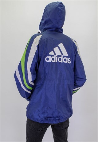 VINTAGE ADIDAS BACK LOGO WINDBREAKER JACKET IN BLUE XXL