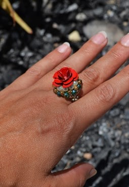 Handmade ring,multi color beaded/metalic rose ring