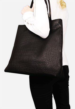 'FREYA' BLACK SEMI STRUCTURED UNLINED CROC LEATHER TOTE BAG